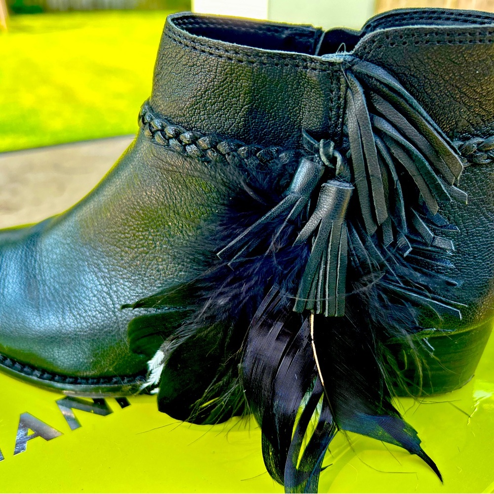 Feathered and Fringed Black Leather Ankle Boots